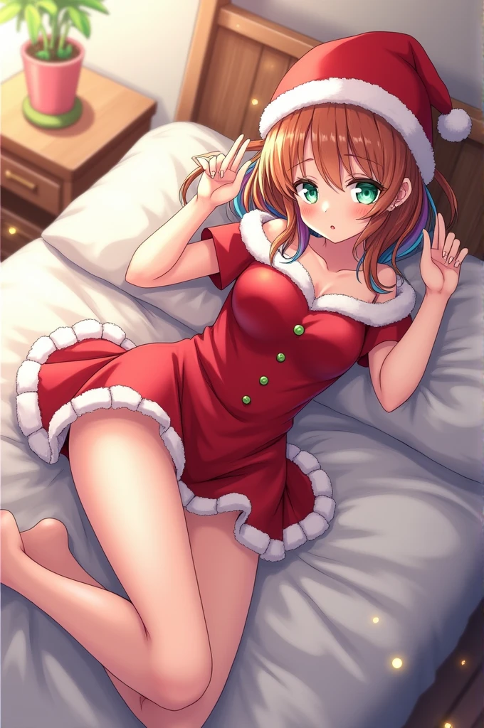 Anime girl Lying on a bed, dressed as Santa Claus showing the panty