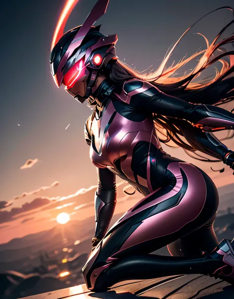 futuristic helmet with visor, long hair flowing back, tight red bodysuit with hi-tech design, fingerless gloves, holds a glowing...