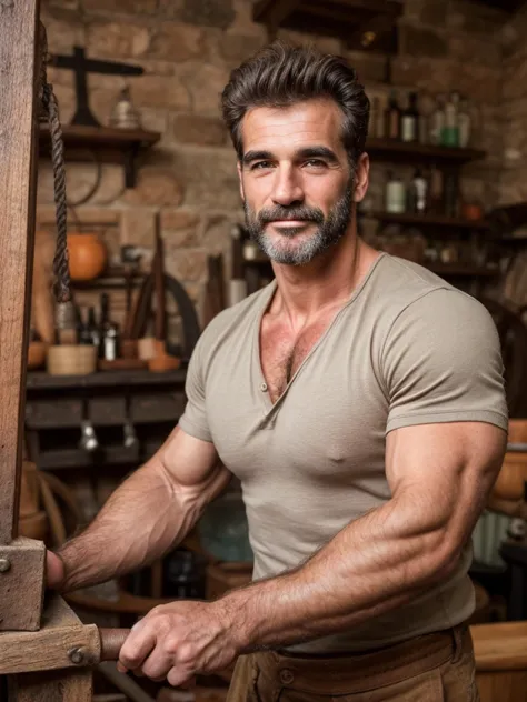 hair, portrait of a ruggedly handsome blacksmith, muscular, half body, masculine, mature, retrato de un joven, muscular very han...