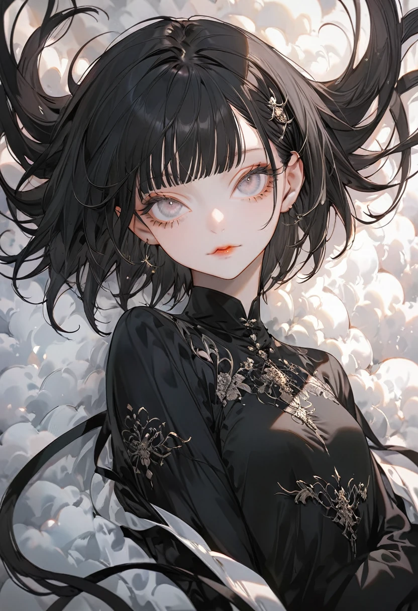 (Highest quality,Very detailed,High resolution:1.2),Slim albino girl，Black-haired very shorthair,Black hair bangs，very_Long eyelashes, Cool look, Soft Skin, looking at the camera,Black Dress，Lying on a cloud