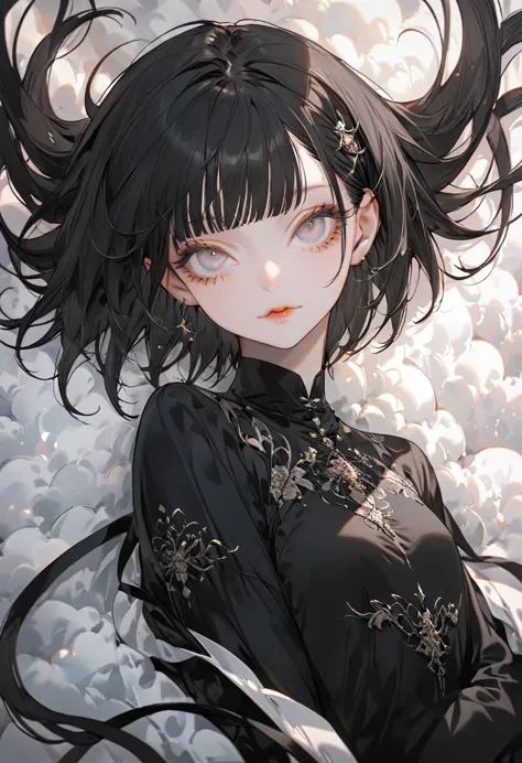 (highest quality,very detailed,high resolution:1.2),slim albino girl，black-haired very shorthair,black hair bangs，very_long eyel...