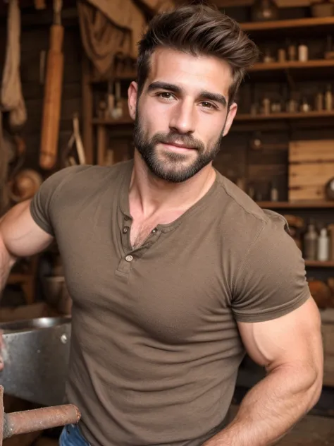 hair, portrait of a ruggedly handsome blacksmith, muscular, half body, masculine, mature, retrato de un joven, muscular very han...