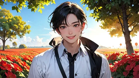 a young man walking through a vibrant field, sunlight illuminating his face as he smiles towards the horizon, representing his d...