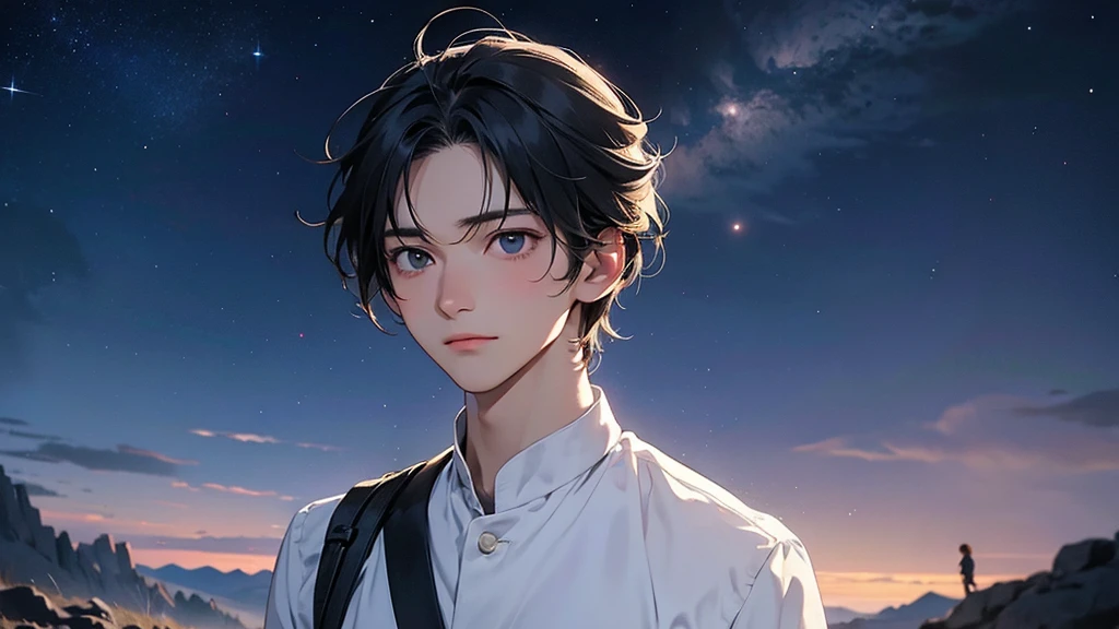 a young man standing on a quiet hill under a vast, starry sky, looking up with longing in his eyes, as soft moonlight gently illuminates the scene.