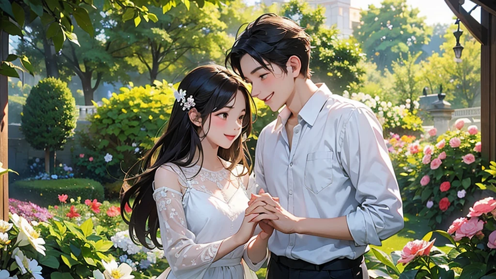 a serene flashback of a young couple in a sunlit garden, holding hands and laughing amidst blooming flowers, capturing their promise of eternal love.