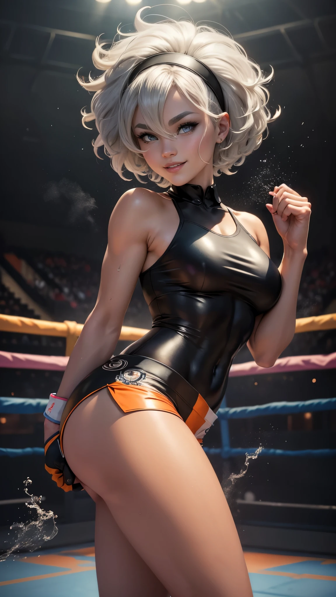 Bea da pokemon,(best qualityer,4K,8k,high resolution,work of art:1.2)(weather: windy), sports stadium background, boxing ring, short curly hair, gray hair, sleeveless cropped shirt, leotard, micro shorts, thigh high stockings, headband, gloves, ultra detailed,realistic,beautiful detailed gray eyes, beautiful detailed lips,extremely detailed eye and face, long eyelashes,average,large breasts,flying hair,beaming smile, cute smile,powerful girl, kicking, bright coloured, dramatic lighting, wet body,