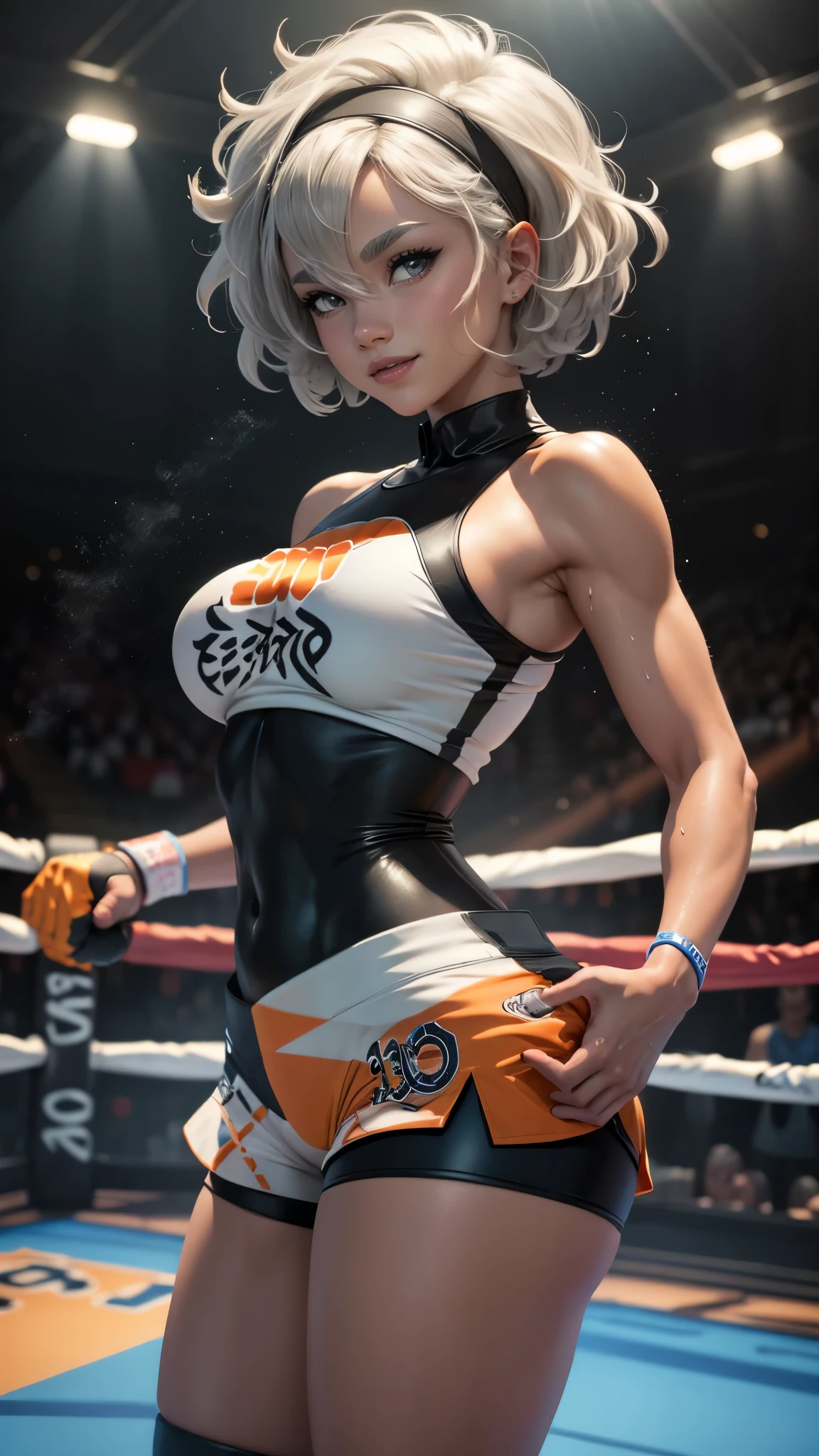 Bea da pokemon,(best qualityer,4K,8k,high resolution,work of art:1.2)(weather: windy), sports stadium background, boxing ring, short curly hair, gray hair, sleeveless cropped shirt, leotard, micro shorts, thigh high stockings, headband, gloves, ultra detailed,realistic,beautiful detailed gray eyes, beautiful detailed lips,extremely detailed eye and face, long eyelashes,average,large breasts,flying hair,beaming smile, cute smile,powerful girl, kicking, bright coloured, dramatic lighting, wet body,