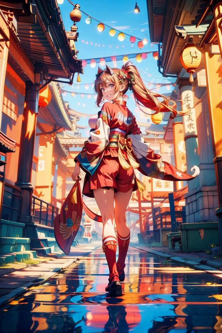 masterpiece, 8K, highly detailed, festival, woman, cat, fun, smiling, walking, shrine, many torii gates, at festival, Japanese, in the Japanese festival, cute, in a bright and colorful world, anime, full body shot