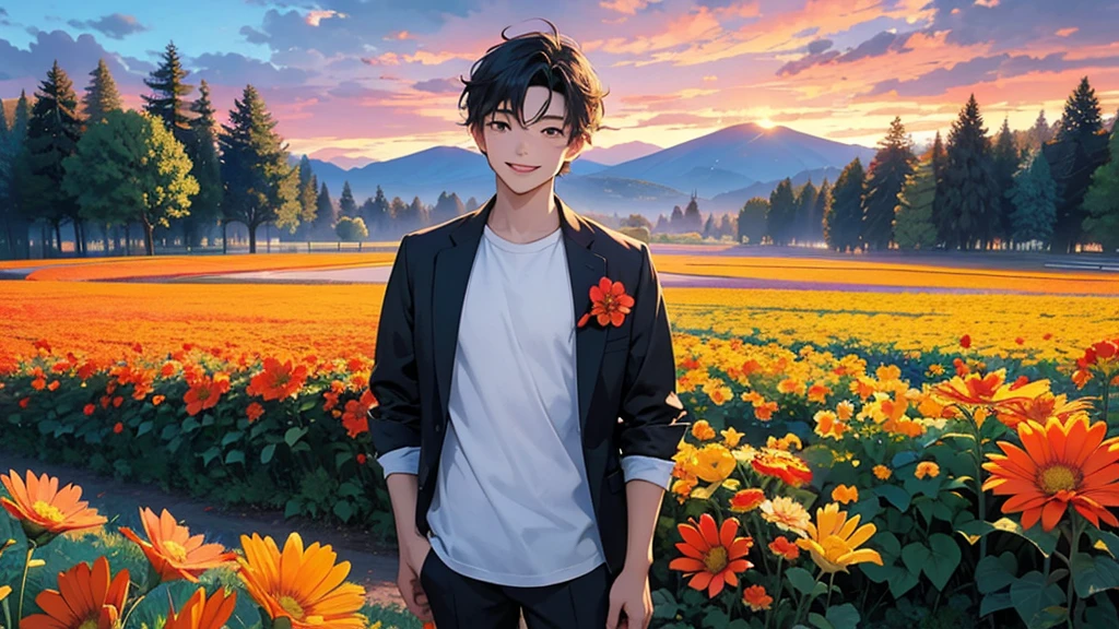 a young man standing in a vibrant field at dawn, the sky glowing with a brilliant sunrise, and flowers blooming more vibrantly than before as he smiles toward the future, filled with hope once again.