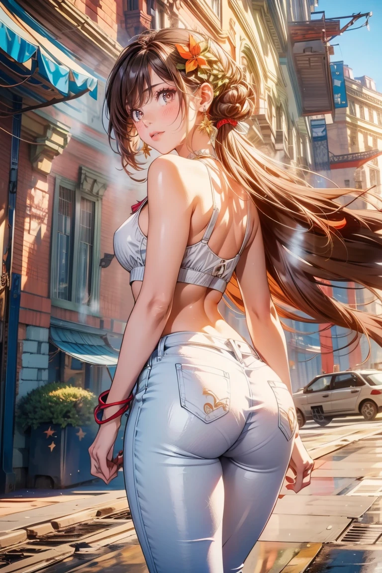 Actual, best quality, natural light, clear focus, girl, perfect body, slim abs, dark brown hair, white crop top, outside, street, super face slimming, squinting eyes, double eyelids, long legs, white flakes, white jeans, beautiful ass, long limbs, protruding round ass, walking style, great detail, masterpiece, best quality, 8K