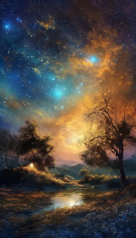 mysterious work of art painted with unusual techniques, starry sky, high and fine artwork, delicate and dynamic textures, contrasts of light and shadow, graphic CG digital art, ultra detailed, absolutely resolution, best quality