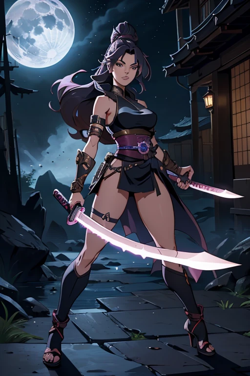 (masterpiece:1.2), (best quality,4k,8k,highres), (super-detailed), (disheveled hair), (illustration), (one girl), (full body), (fashionable ornate ninja outfit), (leather armlet), standing in a moonlit corridor at night, her body glowing with an aura illuminated by the moonlight from behind, a short sword at her waist, a Japanese katana strapped to her back, holding a kunai in her hand, showing a ready-to-attack stance