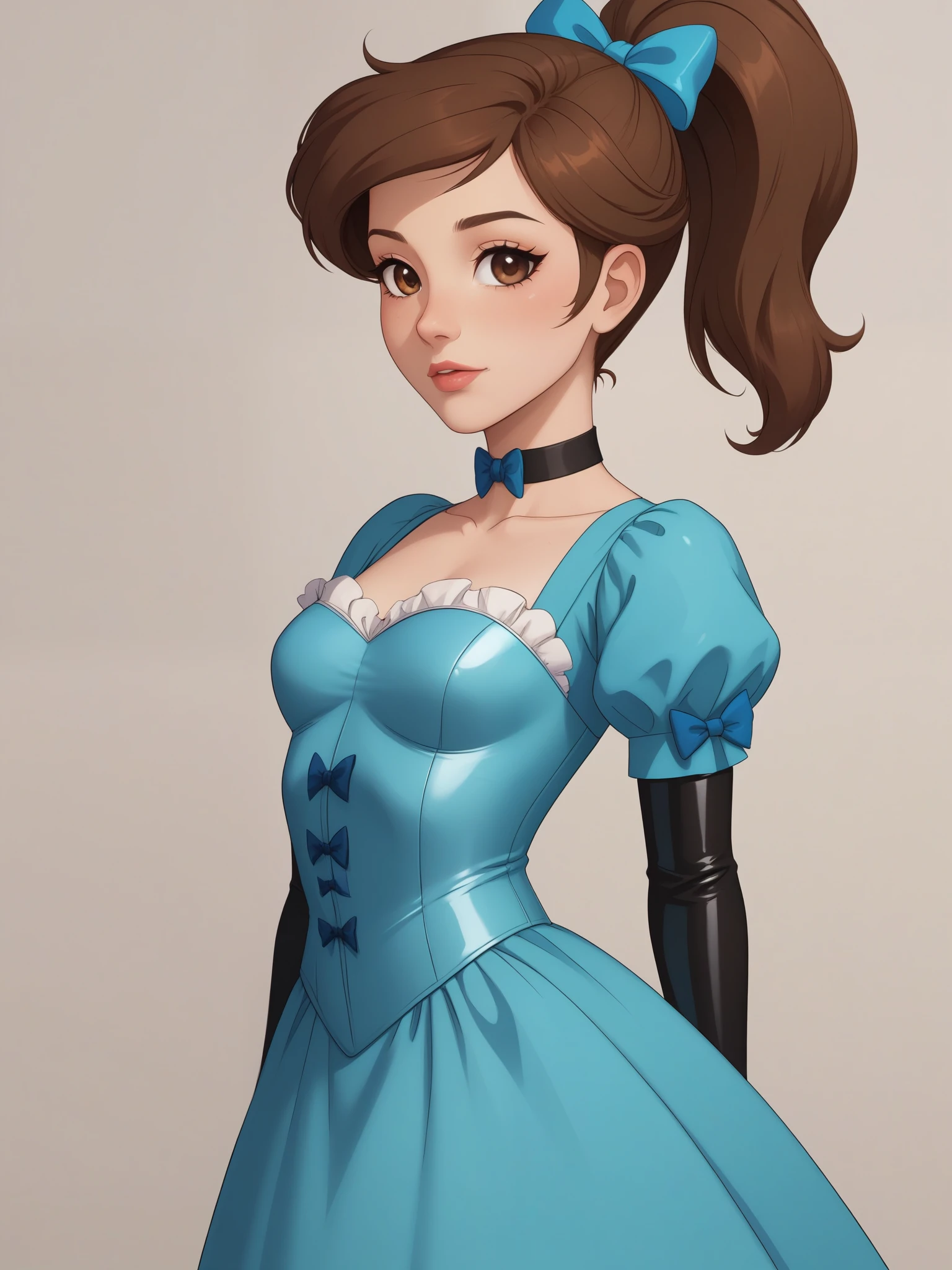 Princess Marco. brown eyes, brown hair, ponytail. small breasts. choker. bow. princess dress. latex dress. corset
