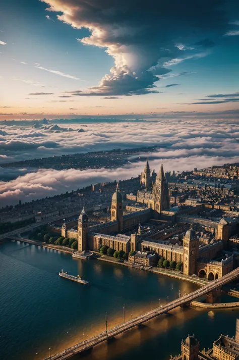 a sprawling aerial view of interconnected cities suspended above billowing clouds, each city square-shaped and evoking a vintage...