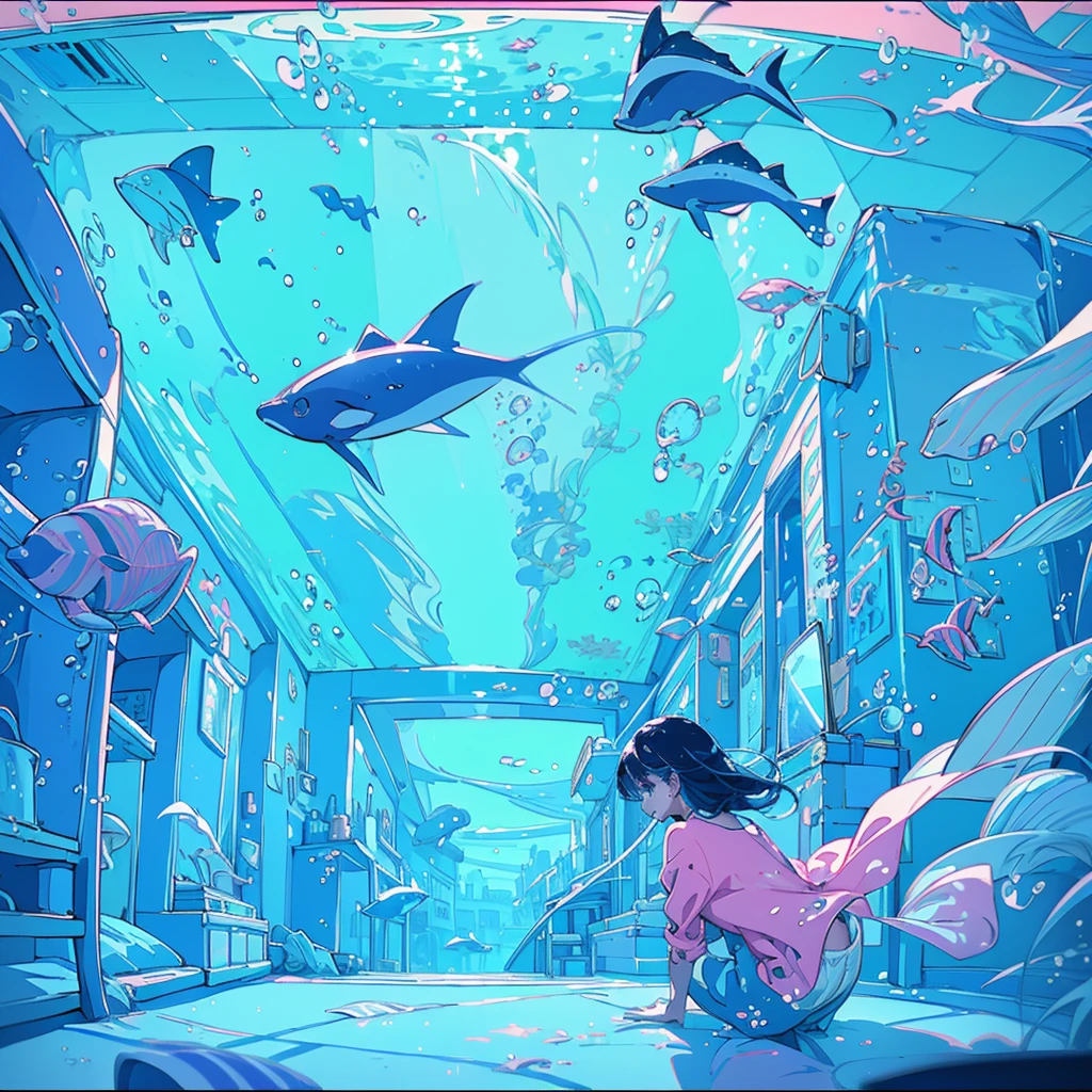 1girl、Absurd、Unreal、Fantasy、(((Highest quality、Masterpiece、Official Art、Super detailed、The best composition)))、Anime Style、an underwater city、Swimming towards the entrance to another world、mysterious、