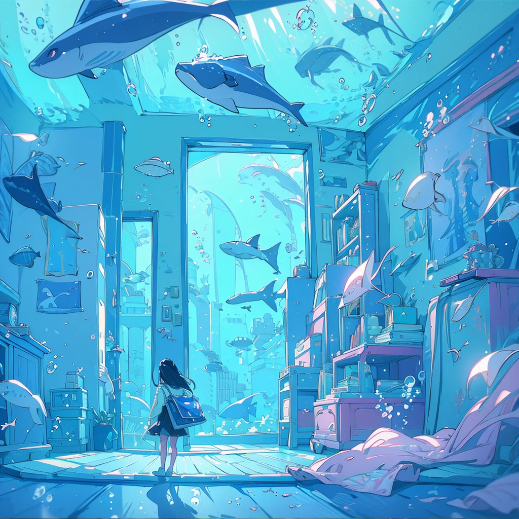 1girl、Absurd、Unreal、Fantasy、(((Highest quality、Masterpiece、Official Art、Super detailed、The best composition)))、Anime Style、an underwater city、Swimming towards the entrance to another world、mysterious、