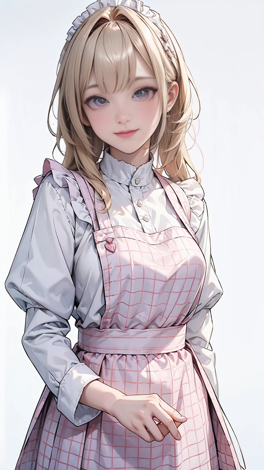 ((pastel color)), 
((from front)), ((happy smile)),
(best quality extremely detailed),
girl, 1girl, kawaii,
blunt bangs, blond hair, long hair, BREAK,
light pink eyes,  BREAK, Long eyelashes, (Shining eyes detailed Beautiful Face), BREAK,
((pink frill apron)),
White frill blouse, BREAK, Pink checkered pleated skirt, BREAK,
((Simple white background)),