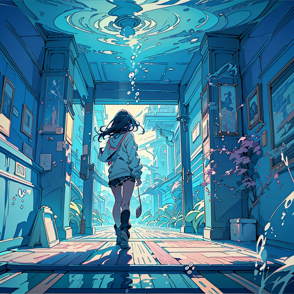 1girl、Absurd、Unreal、Fantasy、(((Highest quality、Masterpiece、Official Art、Super detailed、The best composition)))、Anime Style、an underwater city、Swimming towards the entrance to another world、mysterious、