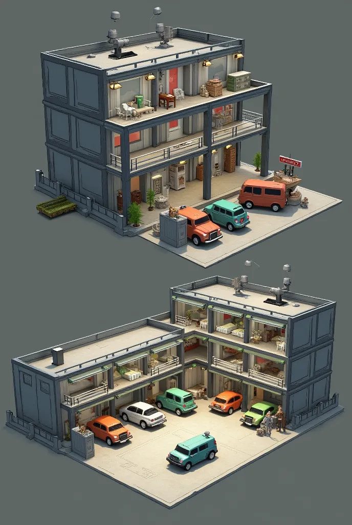 A 3-story hostel , On the first floor there is a garage for 10 vehicles , All vehicles are on the first floor 