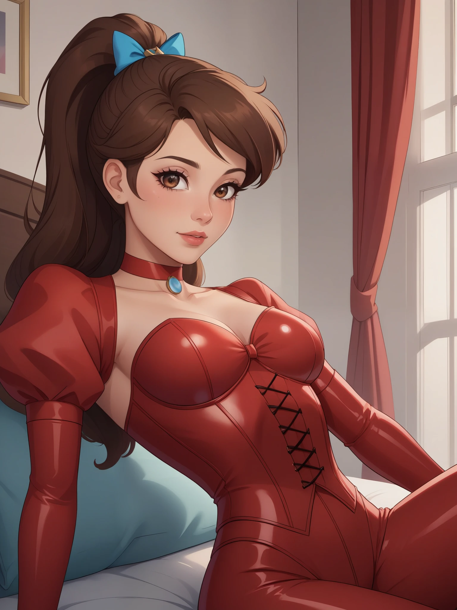 Princess Marco. brown eyes, brown hair, ponytail. small breasts. slim body. choker. bow. red latex suit. corset
