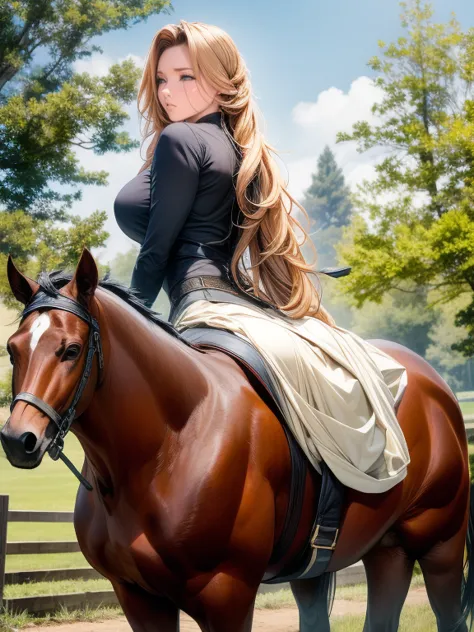 standing next to a black horse, she is wearing a fitted brown top and beige riding pants paired with tall black riding boots. he...