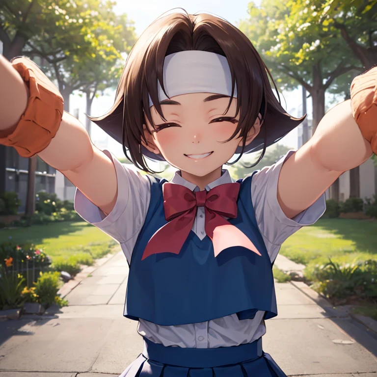 masterpiece, best quality, wakabahinata, headband, white shirt, bow, blue vest, pleated skirt, fingerless gloves, upper body, looking at viewer, school, outdoors,(full smile, smiling with mouth wide open, smiling with both eyes closed, arms wide open hugging viewer, expressing happiness with whole body）