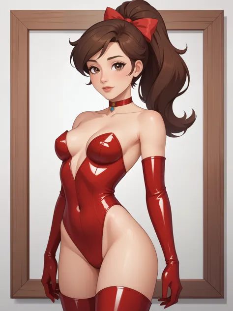 princess marco. brown eyes, brown hair, ponytail. small breasts. slim body. choker. bow. red latex suit. topless. thigh-high boo...