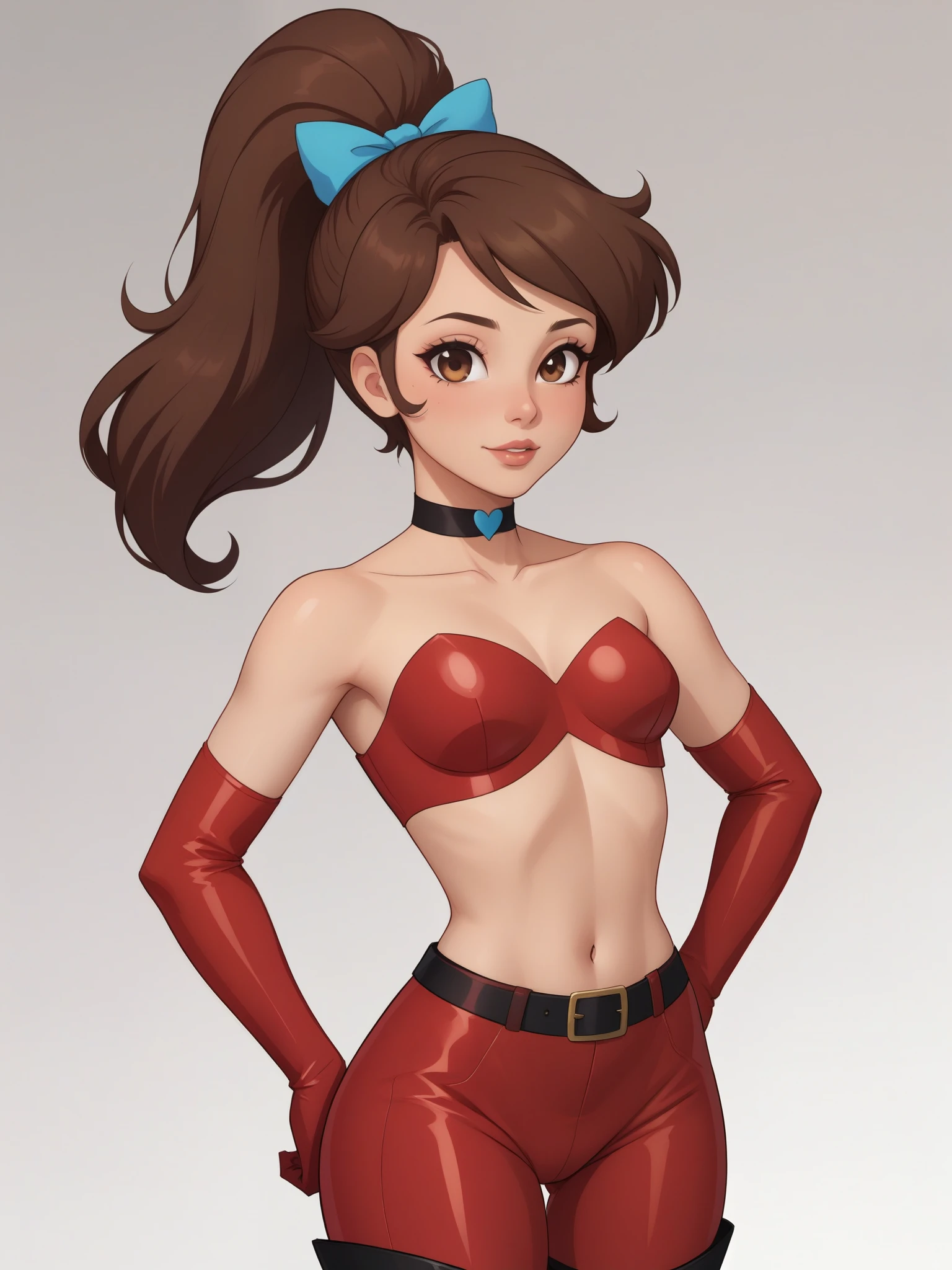 Princess Marco. brown eyes, brown hair, ponytail. small breasts. slim body. choker. bow. red latex suit. topless. thigh-high boots
