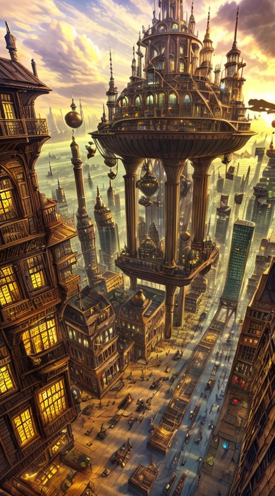 a ground view steampunk city by WAS-Steampunk