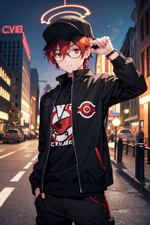 adult boy with red hair and red eyes, holds a pokeball in his hands. shorth hair, orange eyes, baseball cap with a pokeball symbol, black clothing, city at night, urban landscape, mighty. In front of a large entrance. One arm extended forward and the other in the pocket, wearing an black jacket and a pair of glasses above his cap. Your ear having a crystal earring. On your forearms, visible three special bracelets, each with a different symbol, all technological.
