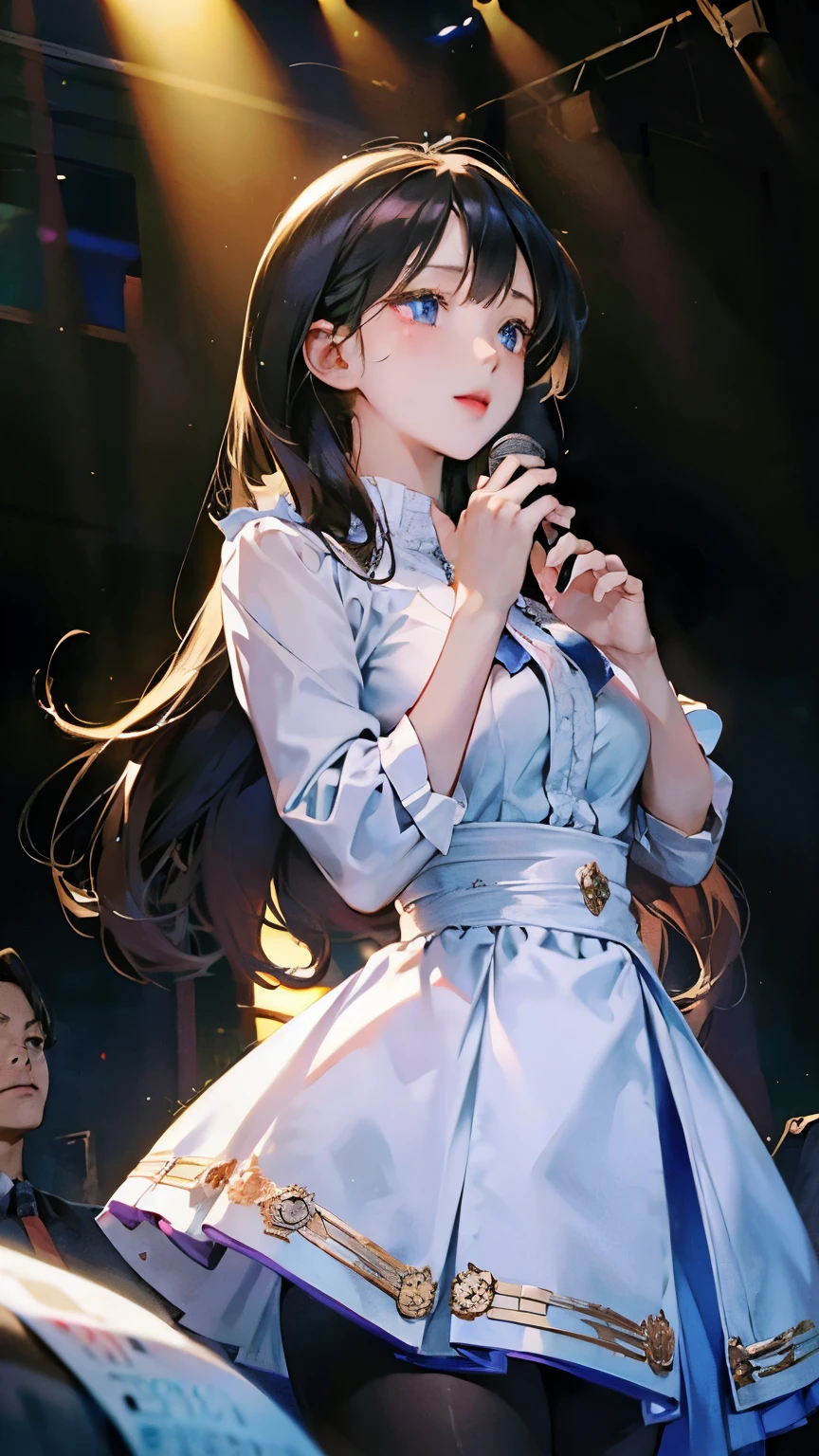 { masterpiece : best quality : high resolution : unity 8k wallpaper : illustration : beautiful detailed eyes : extremely detailed face : perfect lighting : extremely detailed CG : perfect hands : perfect anatomy } { concert stage : crowds} { } { 1girl: teenager : girl_possessed_by_Creepy_otaku : elegant_long_dark_hair : blunt_bangs : cute_face : Perfectly_shaped_breast : Perfectly_fit_body : sophisticated  : singing : idol_outfit } { standing : performing }