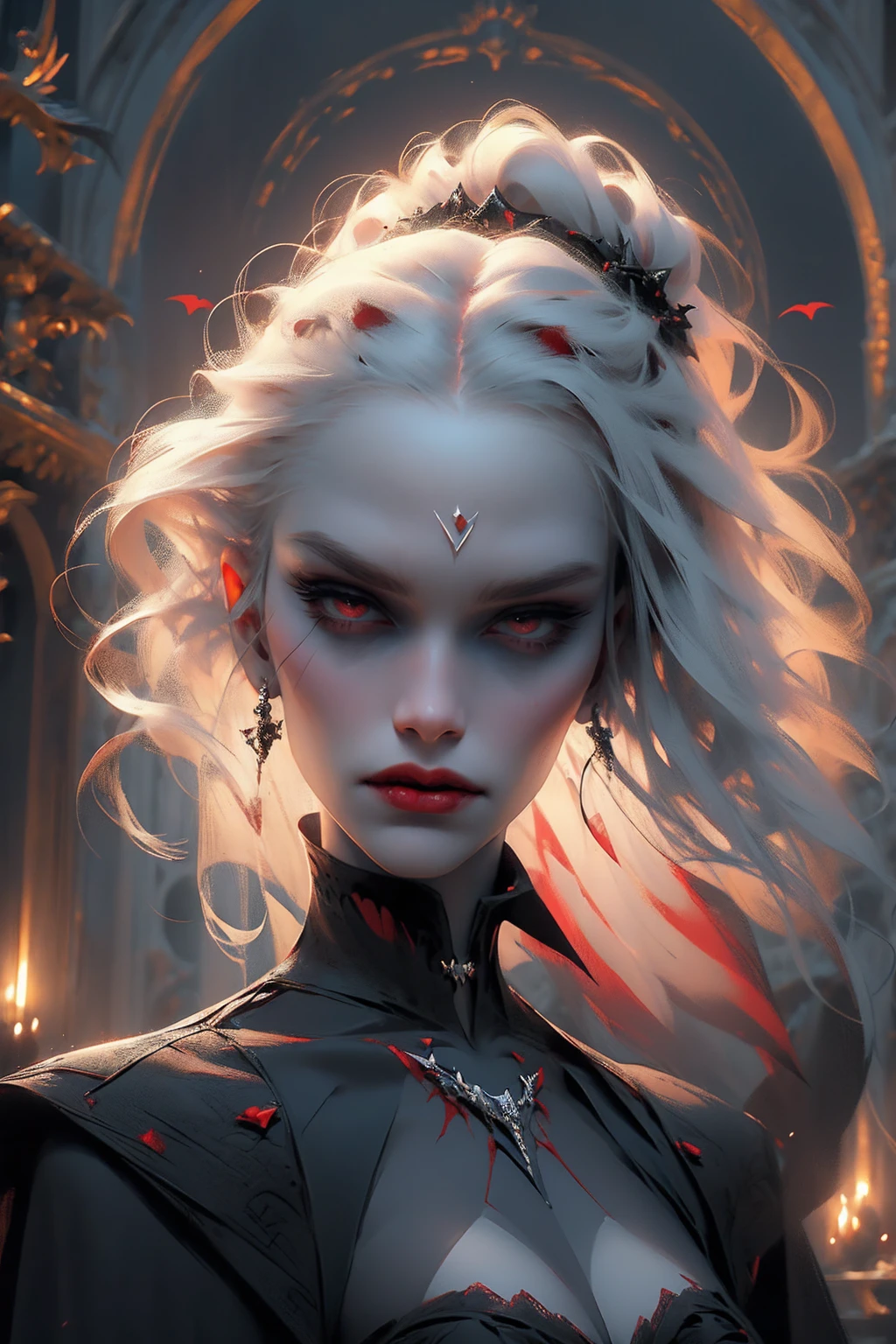 (beautiful vampire woman, pale skin, very long white hair, (red eyes), black gown, black victorian dress, piercing look, red lipstick, moonlight, 4k, 8k, highres, masterpiece:1.2, ultra-detailed, realistic, photorealistic:1.37, HDR, UHD, studio lighting, ultra-fine painting, sharp focus, physically-based rendering, extreme detail description, professional, vivid colors, bokeh, portraits)