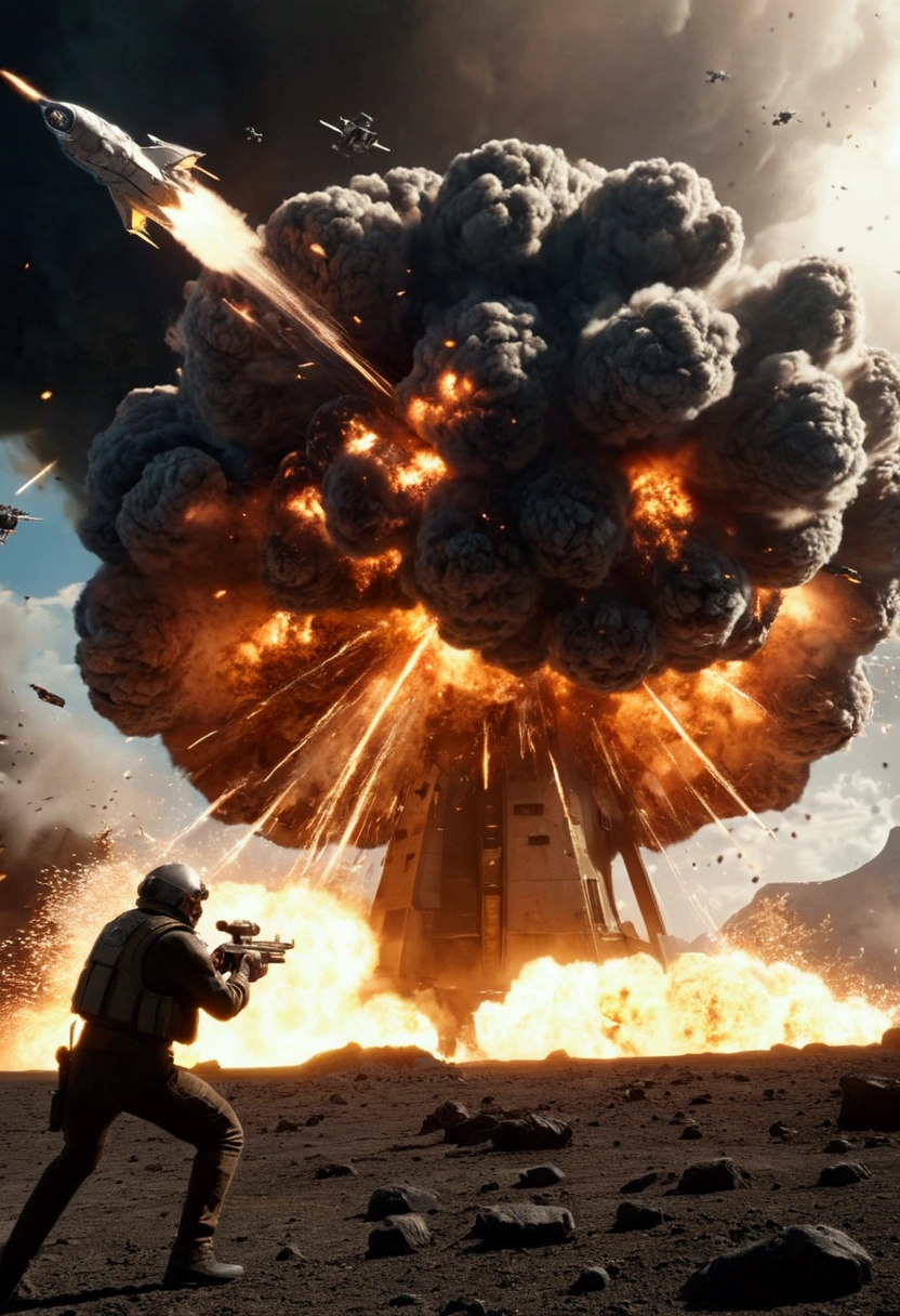 a dramatic sci-fi scene, people caught in a space battle, gunfire, explosions, special spacecraft, destruction, volumetric lighting, highly detailed, cinematic, photorealistic, 1girl, 1boy, beautiful detailed eyes, beautiful detailed lips, extremely detailed face and eyes, long eyelashes, dynamic pose, intense expression, futuristic environment, advanced technology, glowing lights, neon colors, cinematic lighting, dramatic shadows, dynamic camera angle, epic scale, intricate details, vibrant colors, sharp focus, HDR, UHD, physically-based rendering, professional artwork