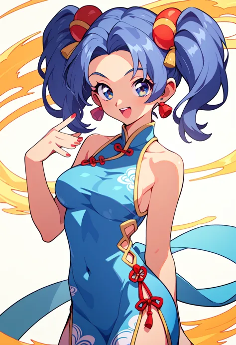 cowboy shot　from front　smile　　open your mouth　　exposed shoulders　exposed skin　twin tails　sexy　 qipao　high leg