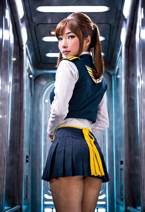 a lovely woman (yuna, cute, sexy star fleet miniskirt uniform (1960s style)), shot from a low angle and behind sneaking a panty ...