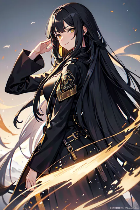 long hair down to the back, black winter coat, warm smile, yellow eyes, masterpiece, 4k, digital art