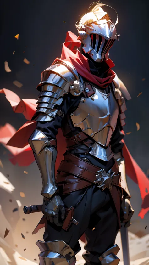 envision a realistic statue of a faceless crusader knight, armor, red cape, (((1boy))), in dark lighting, against a dark backgro...