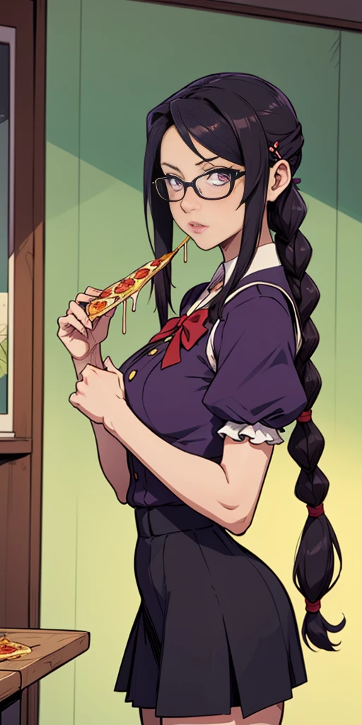 score_9, score_8_up, score_7_up, flat color, anime screencap, source_anime, Tsubaki Miyajima, 1girl, purple eyes, long hair, black hair, glasses, naoetsu high school uniform, twin braids, hair ornament, hairclip, puffy sleeves, looking at viewer, hud_e4ting, holding pizza slice, holding food, eating