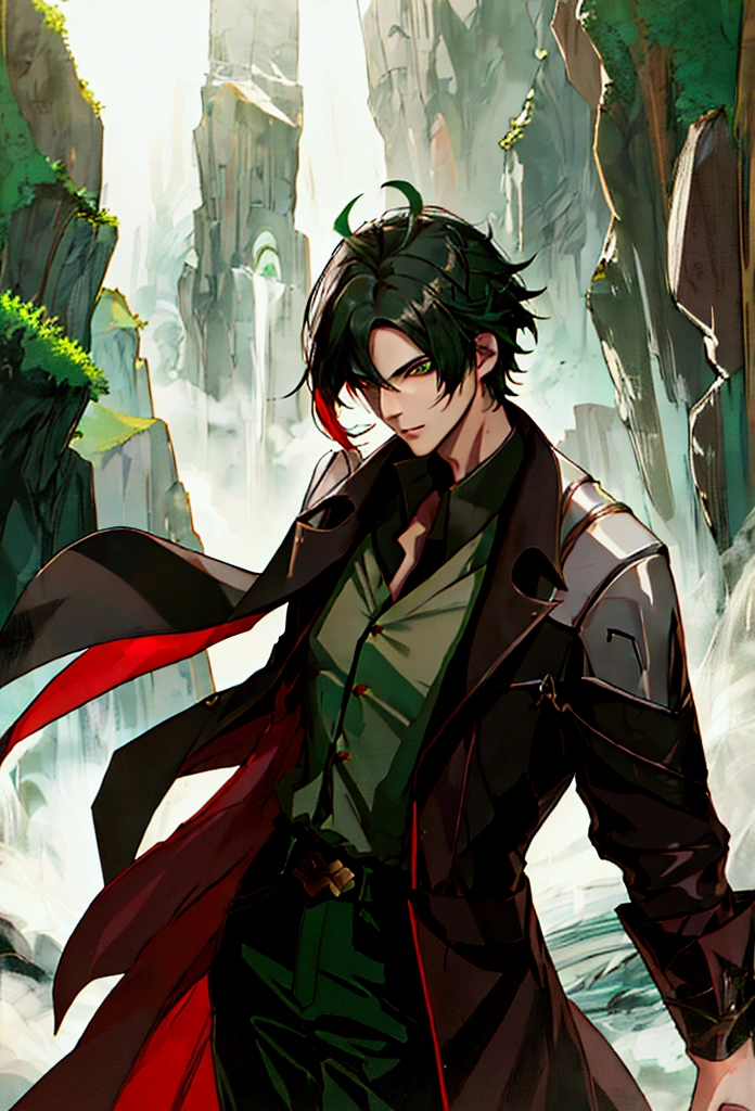 (masterpiece), 3 man, green eyes, black hair, green lock of hair,  White and red trench coat with black trim, black pants with grey trim, legendary sword in right hand, in the countryside