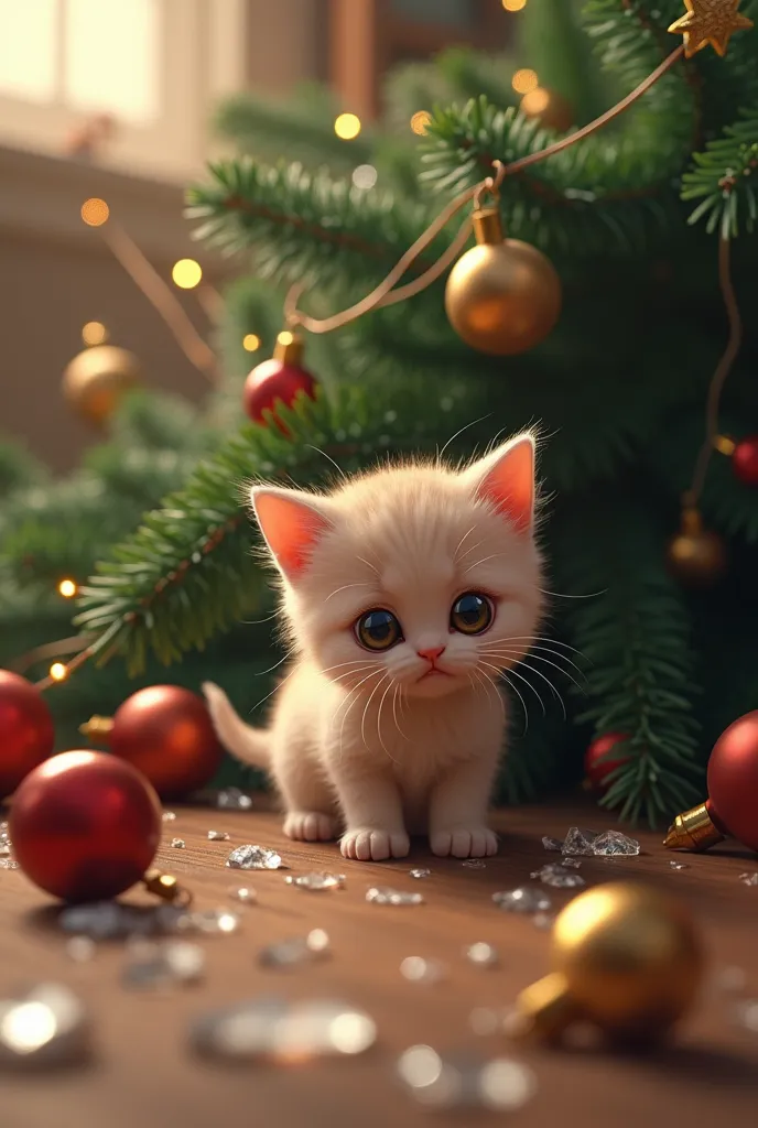 Kitten cries after knocking down a Christmas tree 