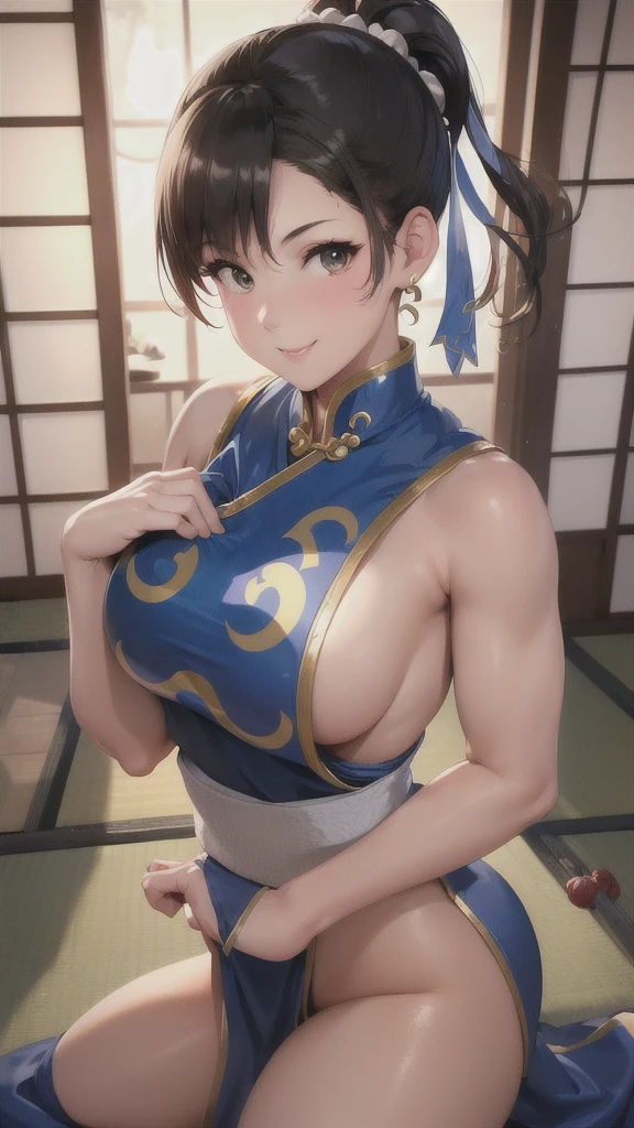 ((Chun-Li,ponytail,Background is a Japanese-style room in a Japanese house:1.3)),upper body, Looking at the audience,Slim and sexy figure, the best quality, (8k), (4K),(masterpiece), (the best quality), Extremely detailed, Game CG, Ultra Detailed, illustration, Beautiful Body,Beautiful nose,fair character design, Perfect Eye, Perfect Face , 1 girl, 30 years,Fair Finger,Fair body, Fair Nose,Fair character design, perfect Eye, perfect Face,expressive Eye,Perfect balance,(Focus on her Face),(Light_Smile:0.3), official art,Extremely detailed CG Unity 8K wallpaper, Perfect lighting,rich and colourful, bright_front_Face_Lighting,White skin, (masterpiece:1.0),(the best_quality:1.0), Ultra-high resolution,4K,Ultra Detailed, photography, 8k, HDR, high resolution, Kodak Portrait 400, Film Grain, Blurred background, bokeh:1.2,Professional photographer, (Fair,Big goals_Chest:1.4), (smile,pretty face:1.3)