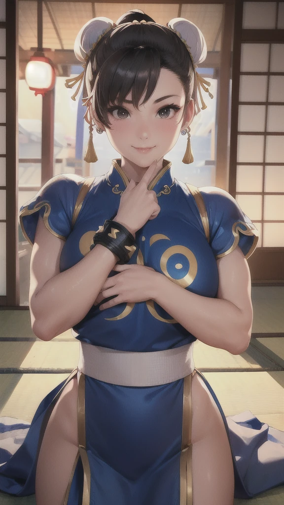 ((Chun-Li,ponytail,Background is a Japanese-style room in a Japanese house:1.3)),upper body, Looking at the audience,Slim and sexy figure, the best quality, (8k), (4K),(masterpiece), (the best quality), Extremely detailed, Game CG, Ultra Detailed, illustration, Beautiful Body,Beautiful nose,fair character design, Perfect Eye, Perfect Face , 1 girl, 30 years,Fair Finger,Fair body, Fair Nose,Fair character design, perfect Eye, perfect Face,expressive Eye,Perfect balance,(Focus on her Face),(Light_Smile:0.3), official art,Extremely detailed CG Unity 8K wallpaper, Perfect lighting,rich and colourful, bright_front_Face_Lighting,White skin, (masterpiece:1.0),(the best_quality:1.0), Ultra-high resolution,4K,Ultra Detailed, photography, 8k, HDR, high resolution, Kodak Portrait 400, Film Grain, Blurred background, bokeh:1.2,Professional photographer, (Fair,Big goals_Chest:1.4), (smile,pretty face:1.3)