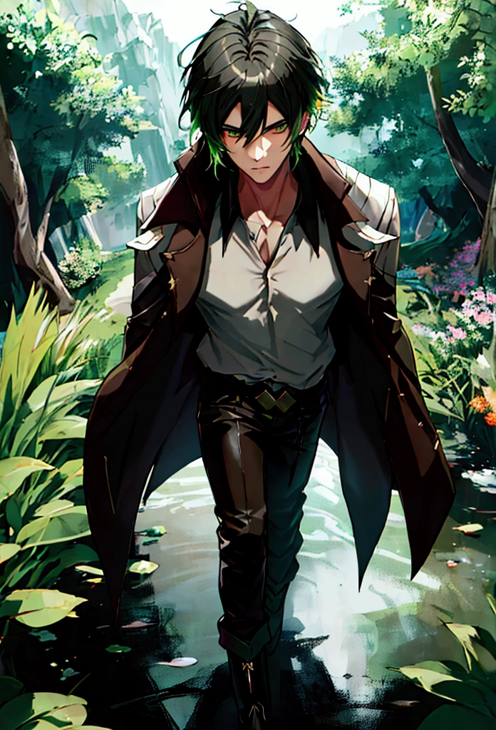 (masterpiece), 3 man, green eyes, black hair, green lock of hair,  white hooded trench coat, Black pants, brown boots, magic spear in right hand, in the countryside