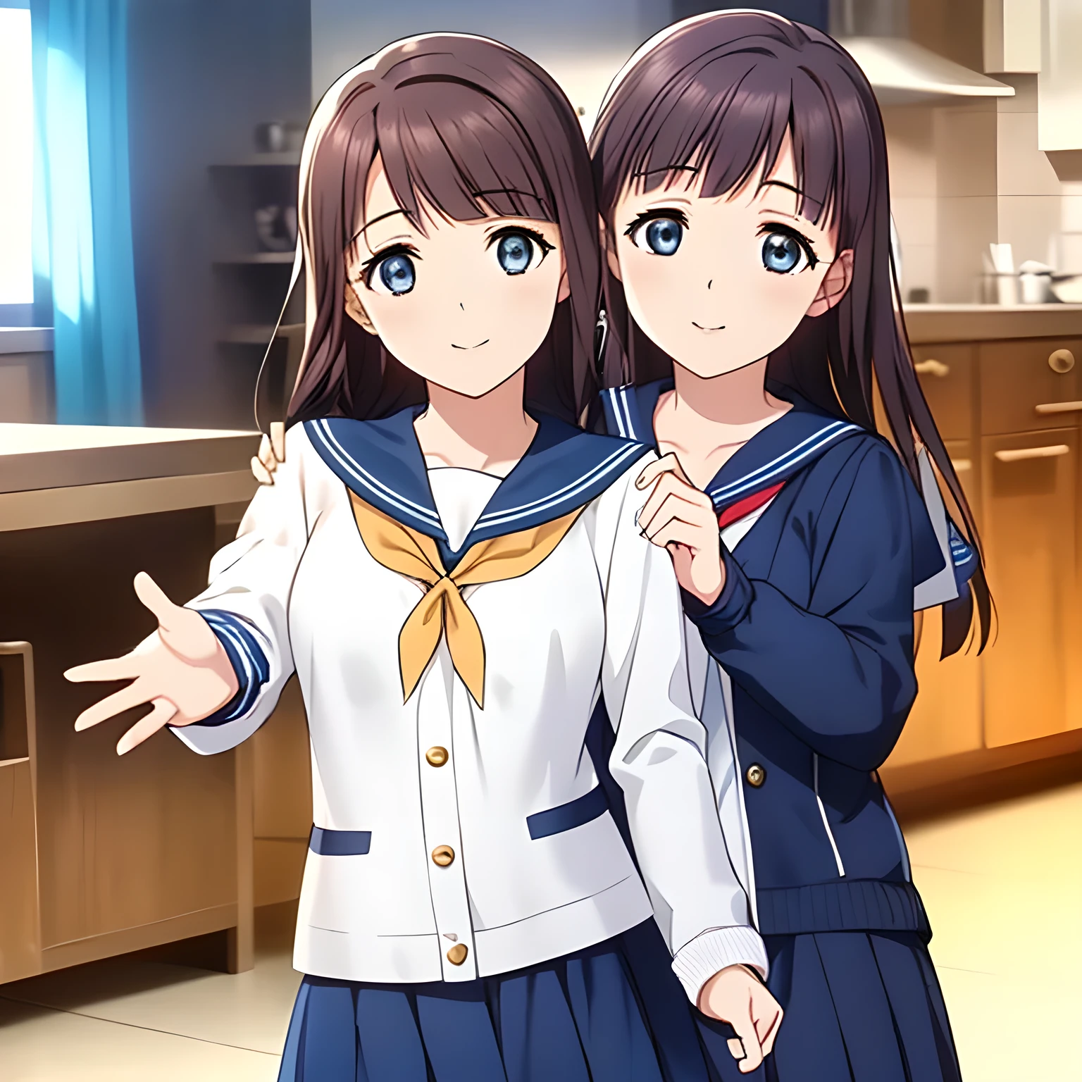 (Highest quality, masterpiece:1.2), Highest quality, High resolution, 1080P, 8k, Game heroine CG, height: 158cm, ((The heroine of the beautiful game, wearing a navy blue sailor uniform, is dancing and reaching out: 1.2)), A face everyone loves, Shiny lips, Bangs too, double, Long upper and lower eyelashes, smile blue eyes, The big, thick yellow bow tie is very cute.., ((Black Hair)), beautiful, Shiny, 長いBlack Hair, ((Parallel, Neat, Dark navy pleated skirt)), (Dark blue sailor uniform for winter with navy blue cute collar, All dark blue: 1.5), ((Navy blue sailor suit: 1.4)), smile, With your mouth slightly open like a game heroine, Ribbon in hair, Tight waist, The background is a blank white space, ((Blur the background)), (Beautiful eyes with detailed, looking deeply into my eyes: 1.2), (Sailor suit jacket is navy blue: 2.0), The ribbon on the chest is yellow