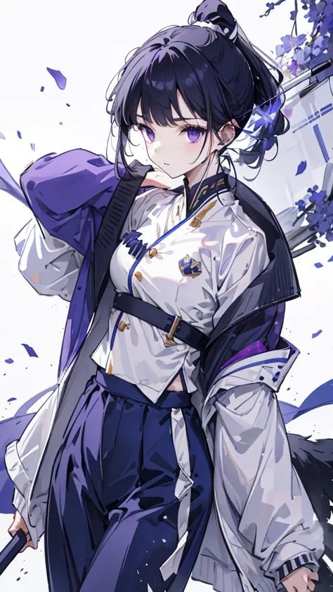 navy blue short ponytail，black eyes，wolf's ears，white military uniform and purple windbreaker，longbow