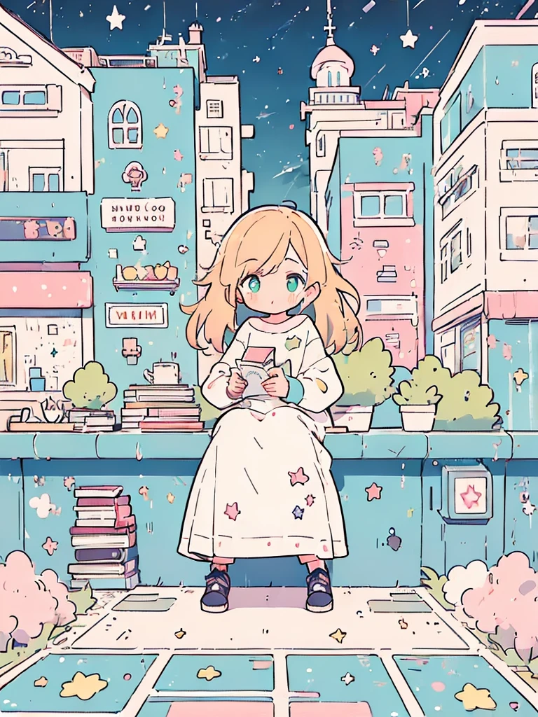 cute, (one girl:1.8), masterpiece, best quality, illustration, flat_colorligne_claire, lofi color, solo, (Urban fashion:1.6),  night, star, starlight, lots of books, bookshelf,books,book, room, sitting, green, yellow