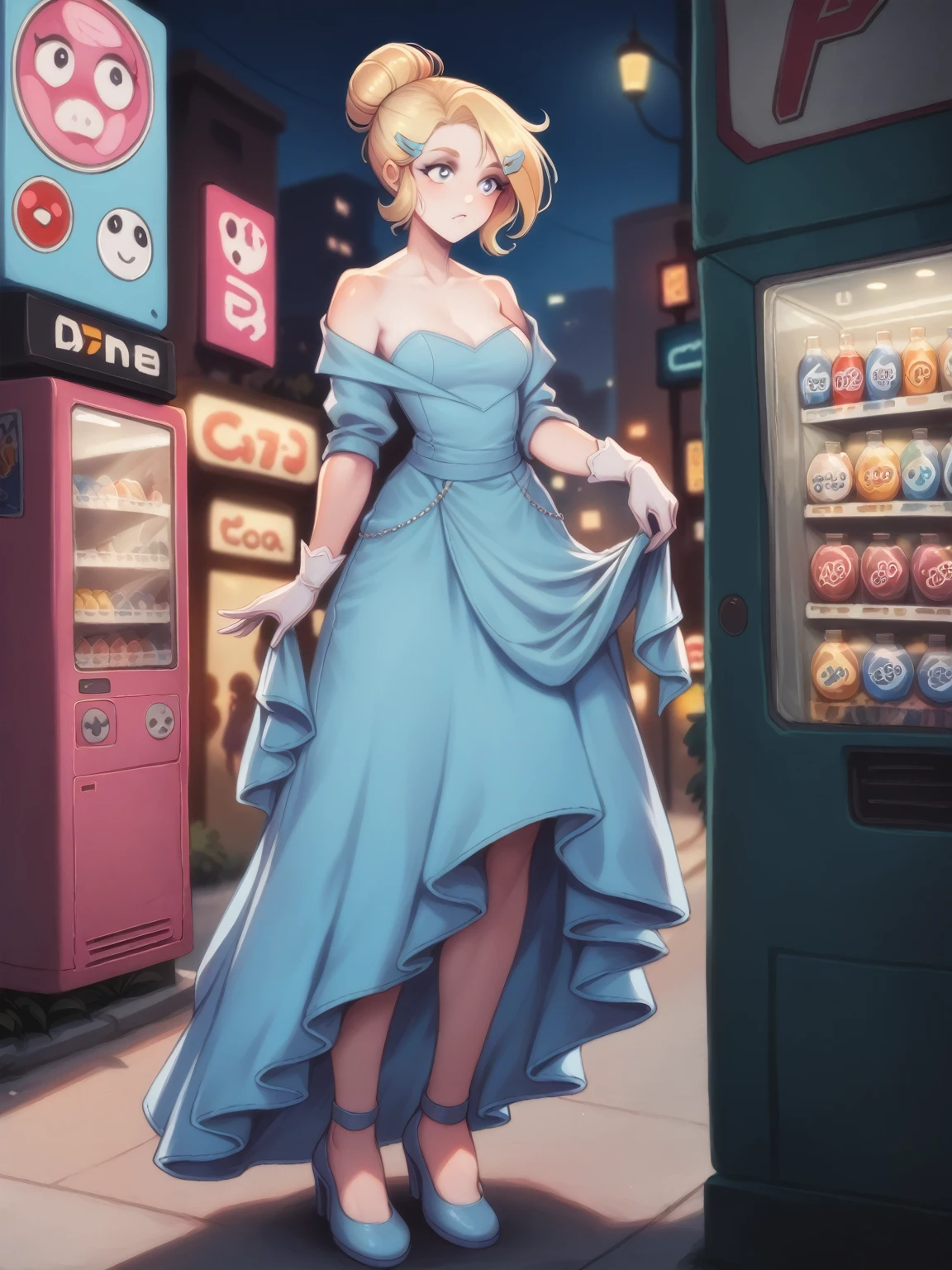 Piper Brawl Stars, blonde hair, hair bun, hair accesory, butterfly hairclip, cute face, diamond face shape, collarbone, medium breasts, medium thighs, light blue long elegant long dress, light blue heels, large white gloves, city, retrozone, street, night, standing, drinking soda, vending machine, realistic