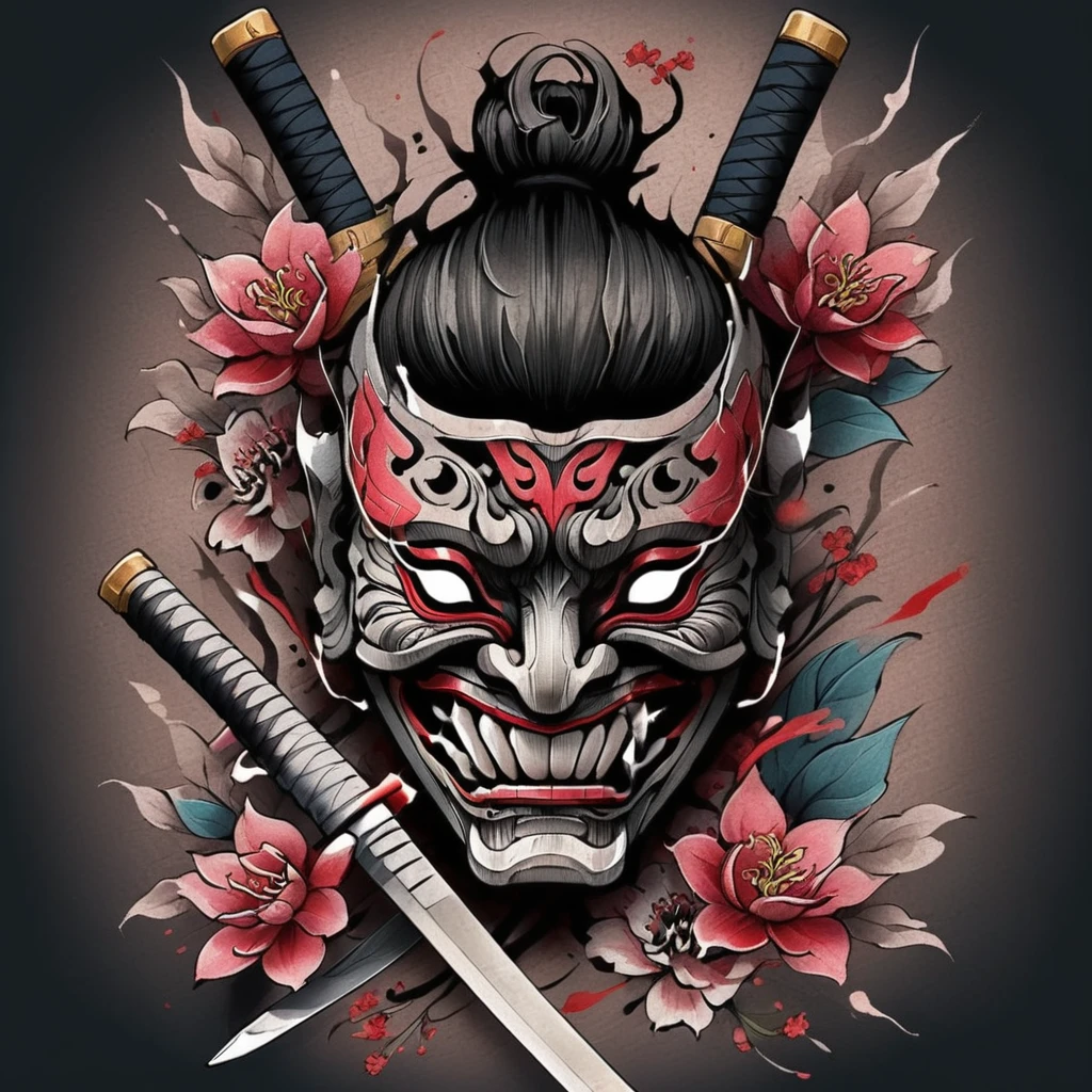 hanya mask with flowers underneath it and a katana in the middle, tattoo style, inlustração