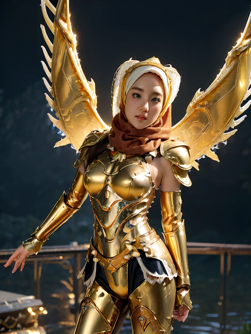 (1 Japan cutes teen with idol style), ((Top  Quality, masterpiece: 1.3)), focusing: 1.2, Perfect body care: 1.4 , (Wearing Hijab:1.2), ((Highly detailed face and skin texture)), Extremely realistic, Ultra detailed, HD, Portrait, 8K, Dressed in white and gold with spread wide big wings, (holding single flaming gold iron swords:1.2), (wearing hijab:1.5), (full iron golden armor:1.5), ornate cosplay, as a mystical valkyrie, the sailor galaxia, beautiful, white and gold priestess robes, anime cosplay, glamourous cosplay, with fiery golden wings, ((full iron trousers armor)), cosplay, professional cosplay, goddess of light, full body angel, cosplayer, perfect makeup, perfect face, beautiful face, beautiful body, arms covered with cloth, thighs covered with cloth, waterfall background, ((body object floating flying in the air:1.2)), foggy, fantasy weather, lightning strikes on either side, dramatic sttudio lighting, The atmosphere looks real, Full body shot, Front angle, ultra realistic, Professional、beautiful detail glow、Depth of bounds written、(((High chroma)))、(((real:1.9)))、((vivid:1.4))、((beautiful skin))、((skin texture))、((Real skin feel))、(((cowboy shot:1.5)))、((Angle seen from the front:1.5)), Front angle shot,