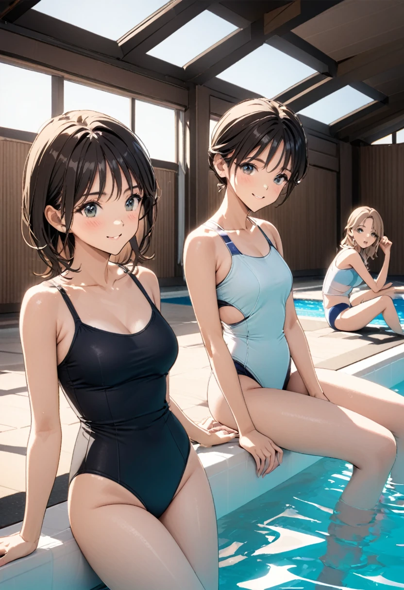 Three women are sitting by an indoor pool, wearing stylish swimsuits. The atmosphere appears casual and relaxed, with warm indoor lighting casting soft shadows. The background includes a modern pool area with shimmering water and ambient lighting.